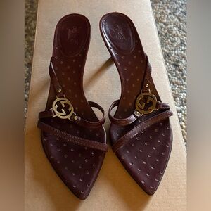 Gucci Burgundy Sandal Kitten Heels with Gold Hardware and punched leather.